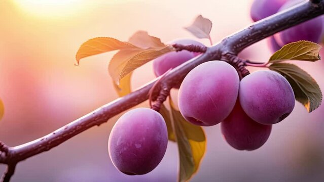 Ripe plums on a branch in the garden at sunset. A branch with natural plums on a blurred background of a plum orchard at golden hour, AI Generated