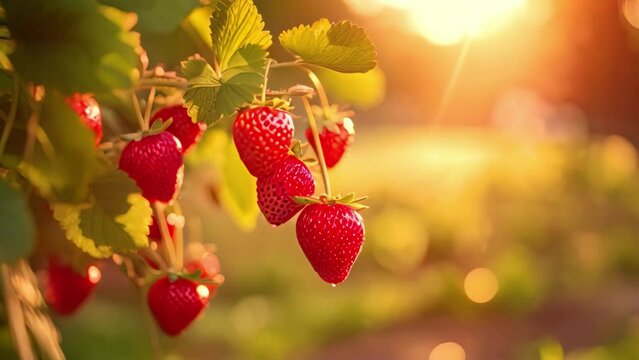 Ripe red strawberries on a branch in the garden at sunset. A branch with natural strawberries on a blurred background of a strawberry field at golden hour, AI Generated