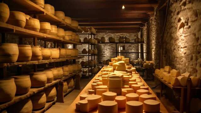 Cheese collection in a cellar of a winery in Italy. A cheese aging cellar with rows of cheese wheels on wooden shelves, AI Generated