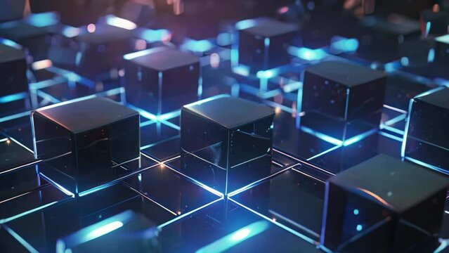 3D rendering of abstract background with cubes and lights. Futuristic background. A closeup of a blockchain network with interconnected blocks, AI Generated