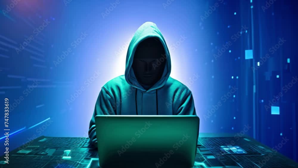 Poster hacker in front of laptop with glowing digital map on dark background, cyber security expert working