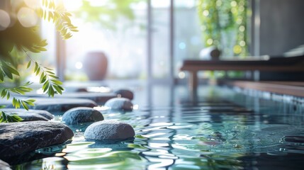 interior relaxation spa and yoga room bright spa area with relaxing water, stones, and a yoga-inspired environment for use on a website