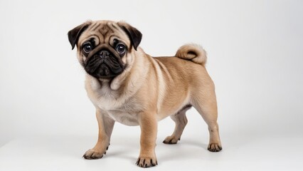 Fawn pug dog on grey background
