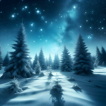 Picture of a starry night sky above a snowy landscape, with pine trees covered in snow. Trees in the foreground, clear and cold starry sky, crisp and serene winter night lighting.