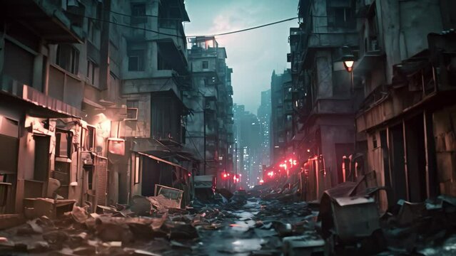 Ruins of a building in the city at night, China. A haunting image of a once vibrant cityscape transformed into a nightmarish, decaying hellscape, AI Generated