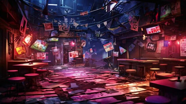 Mysterious dark room with a lot of neon signs. 3d rendering, A lively image of an empty claustrophobic nightclub, AI Generated