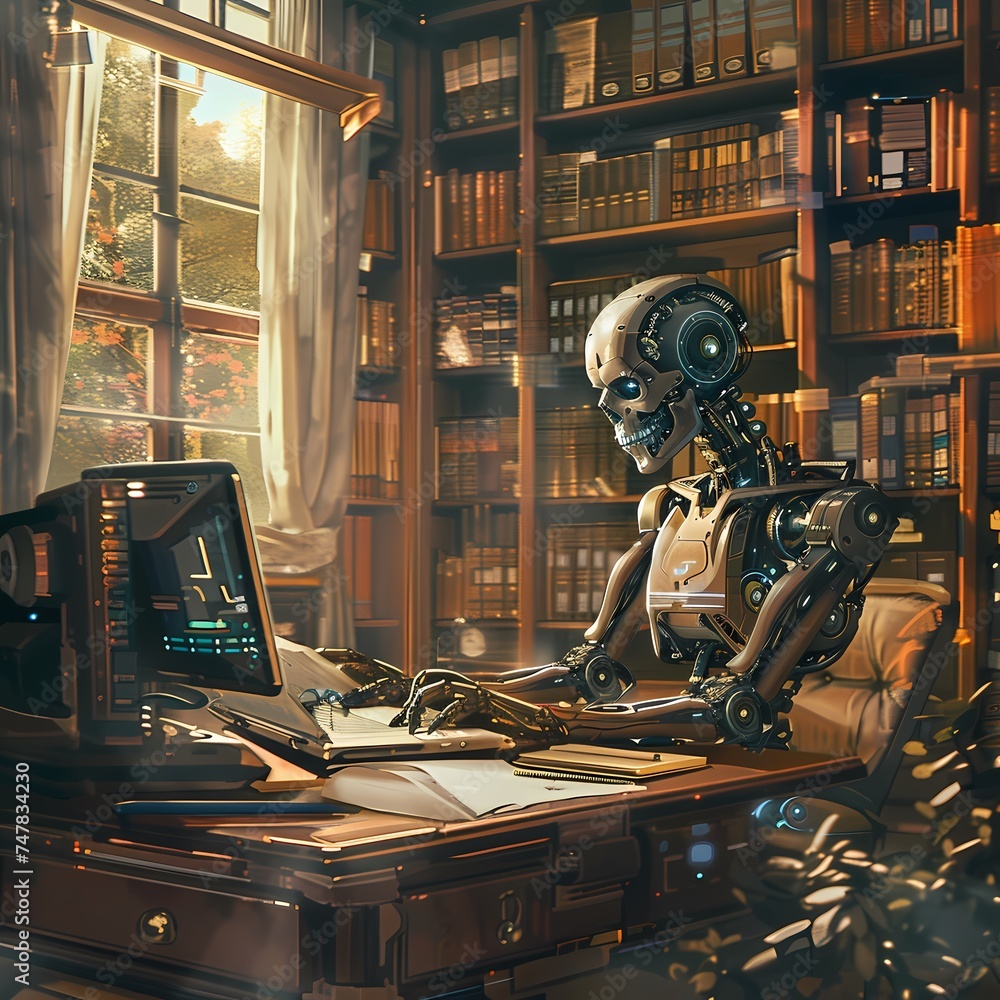 Poster a humanoid robot with intricate details sits amidst a trove of books in a warm, classic library. the