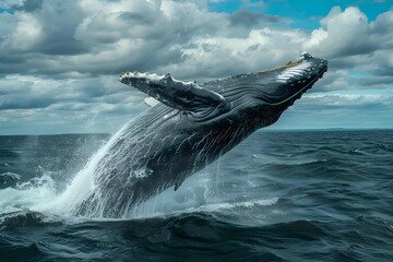 Fototapeta premium A massive blue whale breaching the ocean surface, a moment of awe-inspiring power and grace.