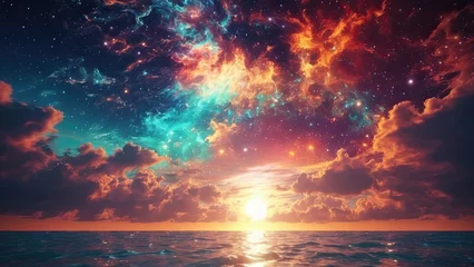 Crédence de cuisine en verre imprimé Paysage fantastique Colorful cosmic universe and beautiful sky sunset. Ocean reflection. Web banner design