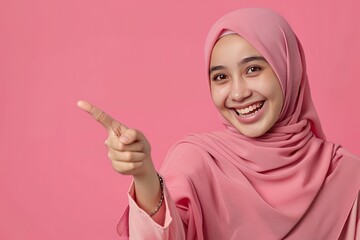 Indonesian Islamic Happy Young Hijab Woman Pointing. happy expression. pink background