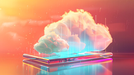 A surreal digital art piece depicting a cloud formation emerging from a smartphone, symbolizing the fusion of nature and technology.