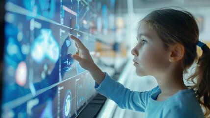 A curious child interacts with futuristic digital interfaces, symbolizing early engagement with advanced technology and education.