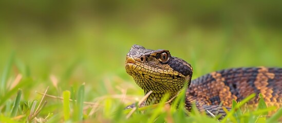 Fototapeta premium A Natrix natrix snake is seen up close in the grass. The snake is hunting for prey and possibly sunbathing on a warm day.