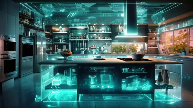 3d rendering of a modern kitchen with black countertop and a glass door, A smart kitchen interior with glowing network connections, digital technology hologram, AI Generated