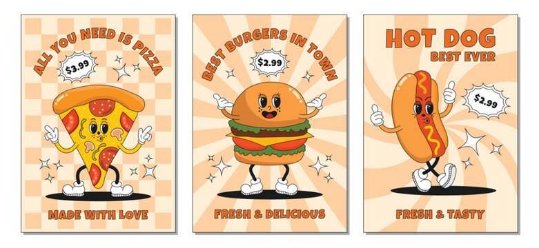 Groovy retro fast food posters set. Fast food, burger, pizza, hot dog illustration. Vintage banner, 70s, 80s, 90s vibes. Trendy retro psychedelic style. Funny food character in groovy style. Funny foo
