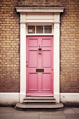 Beautiful Antique Pink Door on Classic Brick Building at Crossroad with Lovely Colours