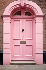 Beautiful Antique Pink Door on Classic Brick Building at Crossroad