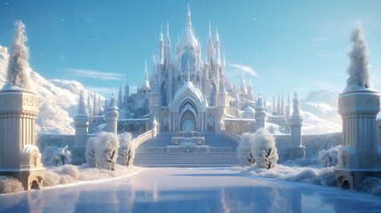 A majestic  ice palace stands as a symbol of enchantment in the winter landscape, its intricate architecture and crystalline spires creating a sense of wonder. 
 - obrazy, fototapety, plakaty
