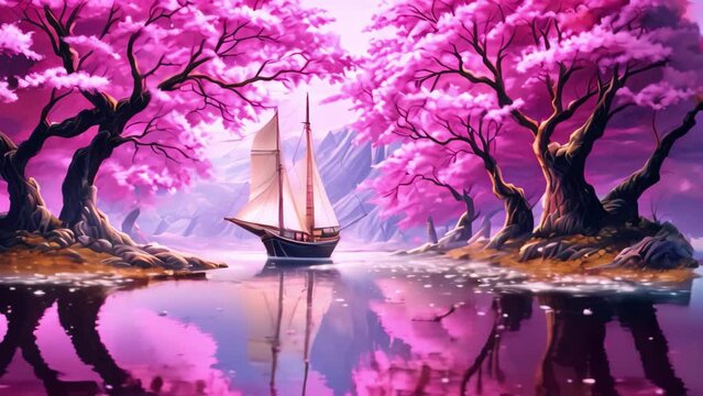 sailing boat on the lake with trees in the background, digital painting, a yacht with cherry tree sails in a deep purple pond surrealist post impressionism high detail, AI Generated