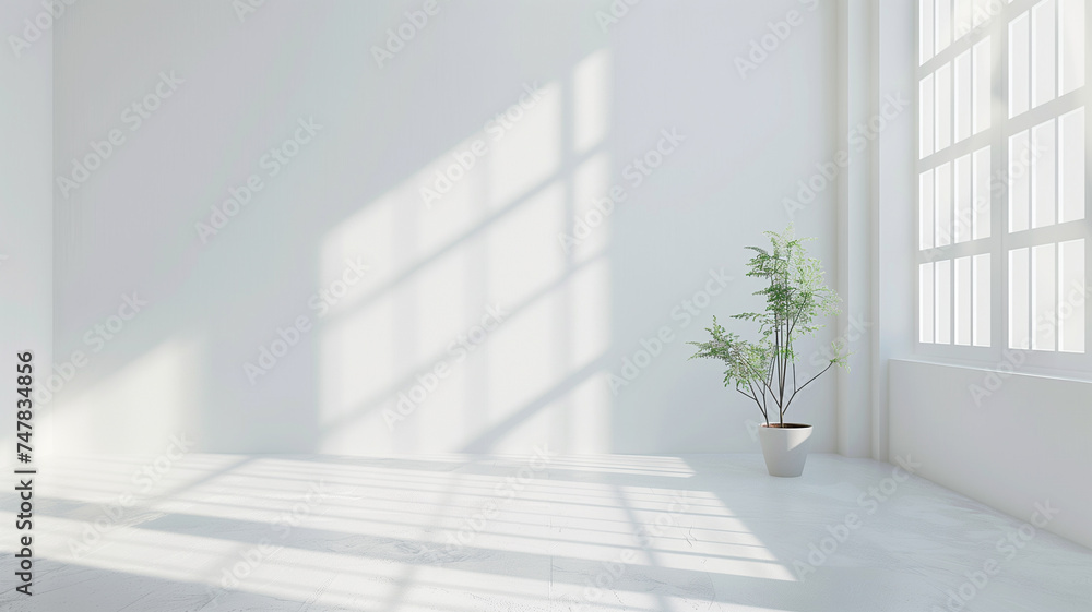 Poster a soothing white space flooded with natural light casting shadows through large windows, complemente
