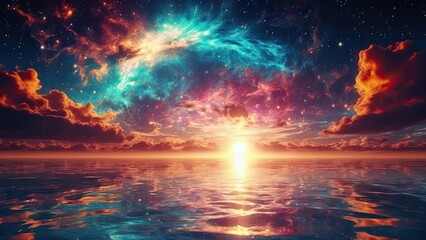 Colorful cosmic universe and beautiful sky sunset. Ocean reflection. Web banner design - obrazy, fototapety, plakaty