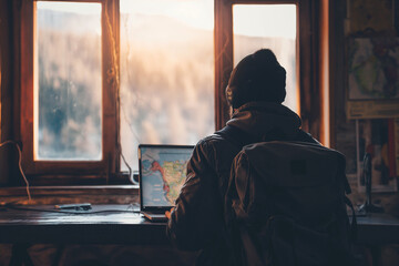 Digital Nomad man with backpack doing business on laptop at Sunset in Mountain Cabin. Concept of remote work, freedom and freelance. - obrazy, fototapety, plakaty
