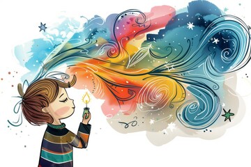 Naklejka premium Cartoon cute doodles of a child daydreaming about having magical powers and casting spells to make dreams come true, Generative AI