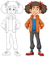 Colorful and line art illustrations of a happy girl