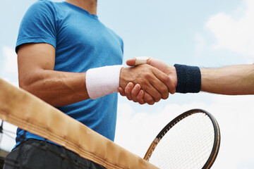 Men, shaking hands or competition on tennis court and congratulations for achievement in...