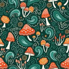 Vector magic fly agaric seamless pattern design in hand-drawn style. Mushrooms and paisley elements. Ethnic forest seamless print.