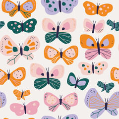 Vector abstract butterfly seamless pattern design. Funny collage butterfly collection. Summer insect pattern for fabric or wallpaper. Kids print design.