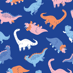 Cute dino hand-drawn vector seamless pattern. Dinosaurs on blue background. Suitable for textile, wrapping paper, surface design kidswear. Vector animal repeat design.