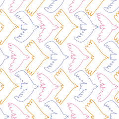 Vector bird seamless pattern in hnad-drawn line style. Cute line birds seamless texture for bedding linen design. Naive bird illustration.  - 747835051