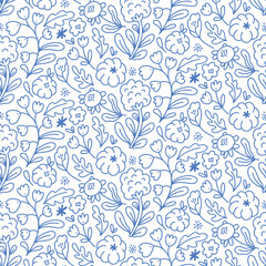 Line floral seamless pattern design. Vector bedding linen print. Natural neutral repeat background. Line art flowers on white background.  - 747835052