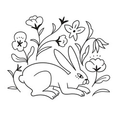 Black line rabbit print design in hand-drawn style. Vector animal illustration with mystical flowers isolated on the white background. Bunny print for poster or t-shirt - 747835057