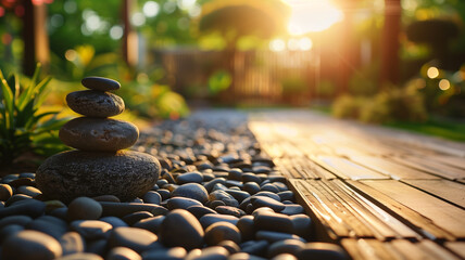 A serene Zen garden at sunset, with perfectly balanced stones on a bed of smooth pebbles, evoking a sense of peace and mindfulness