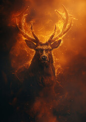 a deer standing in the dark with burning antlers behind him, in the style of dark yellow and gold