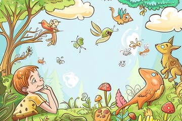 Cartoon cute doodles of a child daydreaming about exploring a mystical forest filled with talking animals and fairies, Generative AI