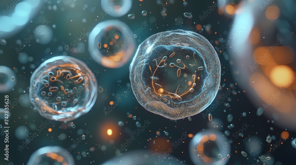 Poster a close-up render of cellular structures in a blue backdrop, showcasing intricate biological details