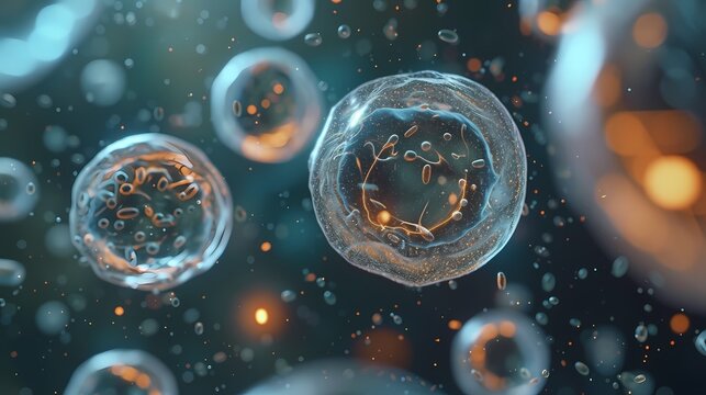 A close-up render of cellular structures in a blue backdrop, showcasing intricate biological details. The artwork emphasizes the complexity and mystery of microscopic life. AI Generative