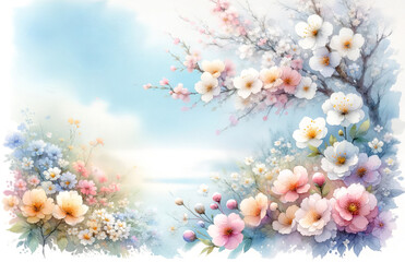 watercolors paint serene spring landscape blooming flowers and a clear blue sky. harmonious blend of blooming spring flowers and whimsical trees, evoking a sense of peace and artistic beauty.