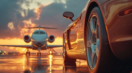 Super car and private jet on landing strip. Business class service at the airport. Created with Generative AI.	
