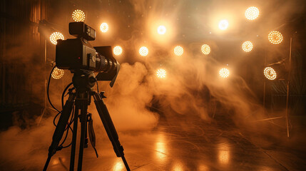 Fototapeta premium Capture the essence of a dreamy film set, where ethereal smoke swirls around the beams of studio spotlights