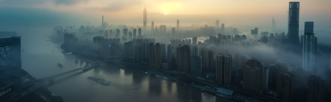 In the morning, an aerial perspective captures a mega city shrouded in fog, its skyscrapers looming amidst the mist