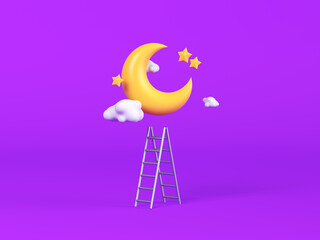 3d render, Moon and stars with white cloud above the ladder, isolated on purple background