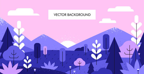 Landscape background, sun behind hills and trees. Fantasy nature in sunset, dusk. Abstract countryside banner, scenery with mountains, forest, sky and sundown, twilight. Flat vector illustration