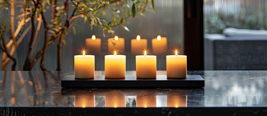 A group of four lit candles sitting atop a smooth table surface, casting a warm glow in the dimly lit room. The flames flicker gently, illuminating the surrounding area.