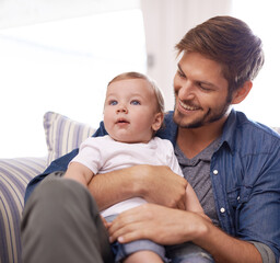 Father, smile or baby in home for playing, happiness and bonding in a family house in living room. Relax, boy and toddler on sofa with dad, love or care for child development, wellness or growth