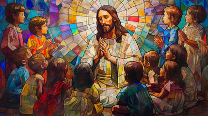 Fototapeta premium Depict Jesus surrounded by children in a stained glass window, emphasizing his gentleness and love, using a range of joyful and soft colors to reflect innocence and divine love