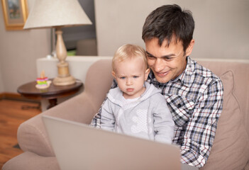 Happy family, father and baby in living room with laptop, love and live streaming cartoon on weekend in home. Man, daughter and computer with connection, bonding and technology with care in house